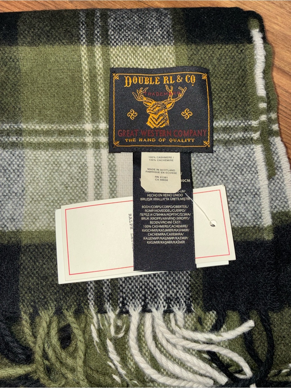 RRL Celtic Olive Cashmere Plaid Fringe Scarf - Picture 3 of 4